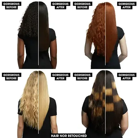 Image 1 - A collage of four images showing women with different hairstyles, with labels indicating GORGEOUS BEFORE on the left and GORGEOUS AFTER on the right for each, and the text HAIR NOR RETOUCHED at the bottom.
Image 2 - A woman is shown with curly hair on the left side of her face and straight hair on the right side, with the text GORGEOUS BEFORE below the curly side and GORGEOUS AFTER below the straight side, along with ghd chronos max, 85% LARGER PLATES, and IDEAL FOR LONG, THICK & CURLY HAIR in the image.
Image 3 - Two women stand side by side on a golden background; one has long, straight hair and holds a styling tool, while the other has natural curly hair, wearing black dresses, with text in the bottom left corner reading 24 HR HD RESULTS.
Image 4 - The image shows a close-up of a hair straightener with black plates and a glossy finish, featuring the text 85% LARGER PLATES in the bottom left corner.
Image 5 - An image showing smooth, shiny, dark hair with a white hair styling tool partially wrapped around it, featuring the text 3X FASTER STYLING and ghd chromes max.
Image 6 - A woman with long, straight dark hair holds a black hair straightener while wearing a white top, with the text NO EXTREME HEAT DAMAGE displayed prominently in the upper left corner. Image 7- before hair not retouched
