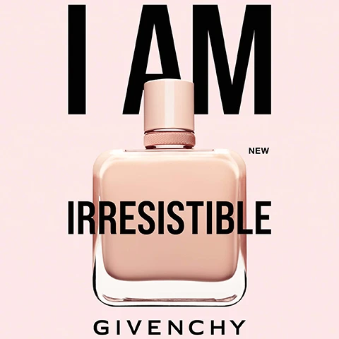 Image 1 - A perfume bottle with a light pink liquid is centered against a soft pink background, featuring the text I AM NEW IRRESISTIBLE GIVENCHY.
Image 2 - Image features four perfume bottles from Givenchy, each surrounded by floral elements with the following labels: Eau de Parfum Nude Velvet, Sensual - Delicate Rose & Musky Wood; Eau de Parfum Rose Velvet, Voluptuous - Velvety Rose & White Patchouli; Eau de Parfum Addictive, Addictive - Lucious Rose & Blond Wood; Eau de Parfum Very Floral, Solaire - Rose Absolute & White Flowers.