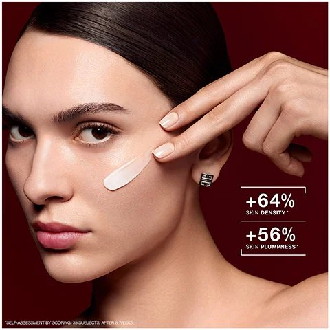 Image 1 - A woman is applying a cream to her cheek, showcasing her smooth skin, with percentages indicating improvements in skin density and plumpness displayed on the right side: +64% skin density, +56% skin plumpness.