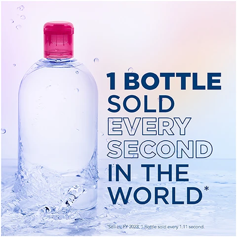 Image 1 - A clear plastic water bottle with a pink cap is surrounded by water splashes, and the text reads 1 BOTTLE SOLD EVERY SECOND IN THE WORLD* *Sell-in FY 2023, 1 bottle sold every 1:11 second.
Image 2 - A clear bottle of Bioderma Sensibio H2O micellar water is centered in the image against a softly blurred pink and blue background, with the text 30 YEARS repeated in large white letters behind it.
Image 3 - A person with medium skin tone holds a bottle of Bioderma Sensibio H2O micellar water, with visible text highlighting its features: powerful & deep cleansing efficacy, lasting soothing action, and for a respected sensitive skin ecosystem.
Image 4 - An abstract representation of micelles with blue and black spherical shapes radiating from the center, accompanied by the text Micellar Technology and a description that explains micelles are inspired by the skins lipids and capture impurities while preserving the skins natural protective film.
Image 5 - A close-up of a womans face showing smooth skin and subtle makeup, with visible text stating -99% make-up, pollution, pollen* and a note about instrumental measurement after a single application.
Image 6 - A close-up of a womans face with natural makeup, showing her skin texture, and overlaid with steps for a skincare routine that reads: 1. Soak a reusable cotton-pad and apply SENSIBIO H2O, 2. Cleanse and remove make-up from face and eyes, 3. No need to rinse-off for skincare benefits.