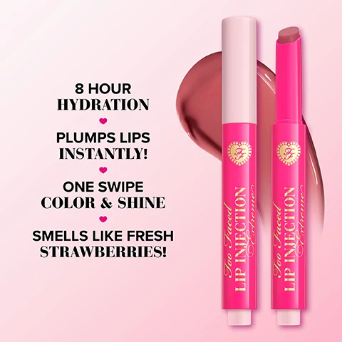 Image 1 - Image shows two pink lip products with a swatch of brownish color above them, surrounded by four points of visible text stating 8 hour hydration, plumps lips instantly, one swipe color & shine, and smells like fresh strawberries.
Image 2 - An image of two lip gloss applicators from Too Faced, one labeled Lip Injection Extreme, with text that reads JUST CLICK ONCE, PERFECT AMOUNT OF GLOSS, and NEED MORE? ONE MORE CLICK DOES THE TRICK!
Image 3 - An abstract image of various colorful paint swatches arranged in a gradient from left to right, with text on the right listing the colors: FROM TOP TO BOTTOM, VOTED MOST POPULAR, FEELIN SPICY, SWEET LAVENDER, KISS THE BRIDE, ON POINT, DONT BE CHAI, PERFECT PINK, VELVET CRUSH