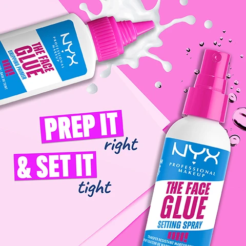 Image 1 - Image shows two NYX Professional Makeup face glue products on a colorful background, with visible text that says PREP IT right & SET IT tight, and the product names The Face Glue and The Face Glue Setting Spray.
Image 2 - A smiling woman with dark skin and vibrant pink eyeliner holds a pink gluing product labeled NYX THE FACE GLUE and has colorful makeup, with surrounding text that reads MAKEUP STUCK, Foundation GLUED!, Blush GLUED!, Powder GLUED!, and Up to 24hr hydration.
Image 3 - A hand with a neutral nail polish holds a small bottle of NYX The Face Glue gripping primer, which is positioned against a bright pink background, featuring bullet points that say blends seamlessly, no white cast, soft-focus finish, and no sticky feel.
Image 4 - An image of a bottle of NYX Professional Makeup Face Glue Gripping Primer with a pink cap and a label that reads Formulated with Maple Syrup + Polyglutamic Acid, accompanied by swatches of various textures, including a blue gel, white cream, and orange syrup.
Image 5 - A smiling woman applies a cream to her cheek while holding a bottle of NYX The Face Glue Primer and a bottle of NYX The Face Glue Setting Spray, with instructions 1. Prime for glue level grip & soft-focus finish. 2. Set for sealed makeup that doesnt move and labels stating Vegan Formula, No Makeup Reducing, Cruelty-Free.
Image 6 - A smiling young woman with piercings showcases four NYX beauty products: the Face Glue Primer, Bare With Me Blur Tint Foundation, Buttercream Blush, and the Face Glue Setting Spray, each labeled with their respective steps.
Image 7 - An image featuring three NYX cosmetic products including a setting spray, brow glue, and gripping primer, all packaged in vibrant bottles, with the text BASE GLUED, BROWS GLUED, everything glued! and small icons indicating Vegan Formula, Cruelty-Free, and No Makeup Retouching.