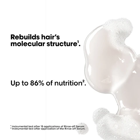 Image 1 - A blob of creamy hair product with bubbles on one side, accompanied by text stating Rebuilds hairs molecular structure and Up to 86% of nutrition.
Image 2 - A close-up image of a nozzle pouring liquid from a plastic bottle, accompanied by the text highlighting high performance, with claims of up to 73% less plastic and up to 15% less price per milliliter.
Image 3 - A split image showing four different hair transformations labeled Before and After, with clearer, smoother results on the right side, and product bottles labeled Absolut Repair displayed at the bottom, along with the text The full Absolut Repair Molecular routine for all types of damaged hair.
Image 4 - Three hair care products are displayed, including a shampoo, a rinse-off serum, and a leave-in mask, with the text The professional deep molecular repair routine.
Image 5 - Image showing a step-by-step guide on refilling a shampoo bottle, with three numbered steps: 01 Take your empty shampoo bottle. Do not rinse it. Unscrew the bottle & refill caps. 02 Take the refill pouch and pour it up slowly inside the bottle. 03 Screw the cap and use your shampoo as usual. Refill the bottle maximum 3 times.
Image 6 - The image displays colorful molecular structures with a caption that highlights a formula containing 2% Peptides bonder and 5 Amino acids, stating that it rebuilds hairs molecular structure, with additional text regarding product testing and results.
Image 7 - An illustration showing a broken hair strand with a brown-colored substance attached, accompanied by text explaining hair damage, including What happens to your hair when it is damaged? Damage happens at molecular level. Peptides are composed of amino acids & bonds holding them together. When peptides break, the damage can be irreversible, until now.
Image 8 - A series of four instructional images showing the process of using the LOréal Absolut Repair Molecular packaging, including a small bottle and a refill pouch, with visible text that reads Absolut Repair Molecular and LOréal Professionnel.
Image 9 - Image shows a hair care routine graphic with three steps. Step 01 instructs to apply shampoo on wet hair until foam is obtained and to rinse thoroughly. Step 02 suggests pressing 2-3 pumps of rinse-off serum per section on wet hair, distributing evenly from lengths to ends for 1-2 minutes, then rinsing thoroughly. Step 03 advises to pump one dose of leave-in mask, leave it in, and blow dry or air dry. The hashtag #AbsolutRepairMolecular is also visible.