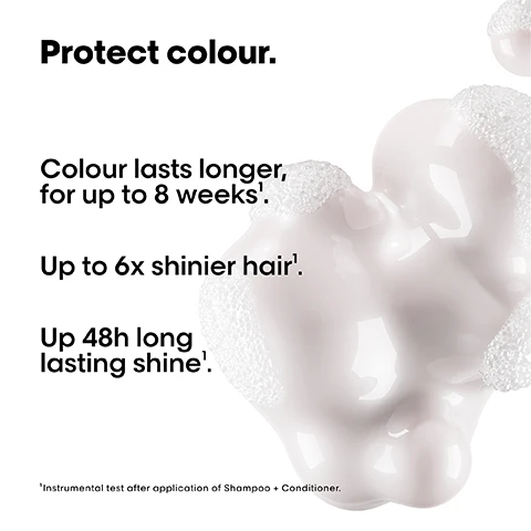 Image 1 - Image shows a glossy, bubbly substance with promotional text about hair color protection, stating Protect colour. Colour lasts longer, for up to 8 weeks. Up to 6x shinier hair. Up 48h long lasting shine. with a footnote about an instrumental test after application of shampoo and conditioner.
Image 2 - A close-up image of a pink pouch dispensing a creamy liquid into a matching pink bottle, with the text High pro performance. Up to 73% less plastic. Up to 15% less price/ml. visible on the left side of the image.
Image 3 - Image shows a person’s back with curly hair divided into two sections: on the left labeled Before, hair appears frizzy and undefined, while on the right labeled After, hair looks defined and shiny; below, there are three hair care products displayed alongside the text Not retouched.
Image 4 - A colorful, glossy sphere filled with bubbles is displayed alongside bold text that reads Resveratrol. Protect your color. Inside the fibre Anti-oxidant to nourish and protect the hair follicles.
Image 5 - Instructions for refilling shampoo with three steps: 1) Take your empty shampoo bottle and unscrew the caps. 2) Pour from the refill pouch into the bottle. 3) Screw the cap back on and use as usual, refilling the bottle a maximum of three times.
Image 6 - A hand with a small amount of shampoo in the palm is shown, accompanied by the text Apply a bottle cap-sized amount of shampoo.
Image 7 - Image shows a step-by-step guide for applying shampoo with three numbered instructions: 01 Apply the professional shampoo on wet hair, 02 Lather until a rich foam is obtained, 03 Rinse thoroughly.
Image 8 - Image shows four steps demonstrating the use of LOréals Vitamin Color hair care products, including a bottle, refill pouch, and instructions for transferring product, with visible text labeling each step as 1, 2, 3, and 4.