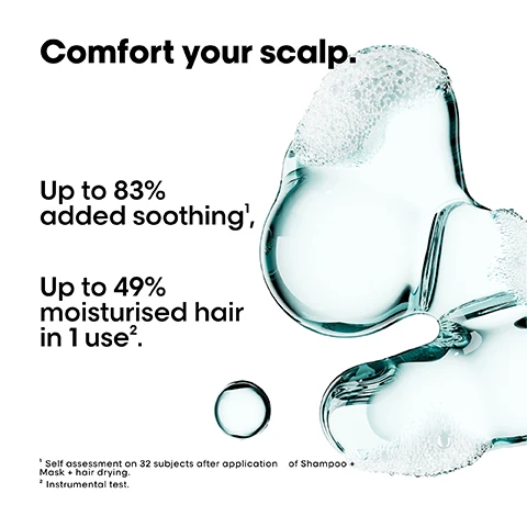 Image 1 - Image showing a clear, watery gel with bubbles alongside text that reads Comfort your scalp. Up to 83% added soothing. Up to 49% moisturised hair in 1 use. 1 Self assessment on 32 subjects after application of Shampoo + Mask + hair drying. 2 Instrumental test.
Image 2 - A turquoise container pouring liquid into a clear bottle with the text high pro performance and up to 73% less plastic.
Image 3 - Image shows the back of a person with long hair, split into two sections labeled Before and After, showing a frizzy hair texture on the left and smooth hair on the right, with hair care products placed at the bottom; visible text includes Before, After, and Not retouched.
Image 4 - A bottle of LOréal Scalp Advanced shampoo is shown next to a tube of Scalp Advanced treatment, with visible text stating The anti-discomfort professional routine and numbered steps 01 Cleanse and 02 Treat.
Image 5 - Image shows a step-by-step infographic with three numbered instructions on how to refill a shampoo bottle, featuring images of an empty shampoo bottle, a refill pouch, and a filled shampoo bottle, with the text: How to refill my shampoo? 01 Take your empty shampoo bottle. Do not rinse it. Unscrew the bottle & refill caps. 02 Take the refill pouch and pour it up slowly inside the bottle. 03 Screw the cap and use your shampoo as usual. Refill the bottle maximum 3 times.
Image 6 - An instructional image showing a sequence for using LOréal Scalp Advanced products, including a small bottle and a larger pouch, with steps illustrating how to open, dispense, and transfer the product, accompanied by the visible text LOréal Scalp Advanced and SKIN EXPERT.
Image 7 - A woman with long, healthy hair is seen from the back, with text on the left that reads I finally find the best anti-discomfort shampoo to soothe my scalp, accompanied by five stars below it.