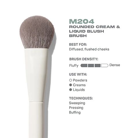 Image 3 - Image of a fluffy, rounded makeup brush with a white handle, labeled as M204 Rounded Cream & Liquid Blush Brush, accompanied by text that states it is best for diffused, flushed cheeks, indicates brush density as fluffy, suggests use with powders, creams, and liquids, and lists techniques including sweeping, pressing, and buffing.
Image 4 - Image shows a rounded cream and liquid blush brush with a soft, dense brush head from a top view and side view, labeled with dimensions of 29mm for the brush head and 174mm for the total length, with the brand name Morphe visible on the handle.
Image 5 - A close-up of a makeup brush with gray bristles and a white handle, featuring text that reads: BEST-IN-BRUSH BENEFITS Bristles infused with silver ion technology, known to have antibacterial benefits. Engineered to hold up to your daily routine. Designed with pro-perfected brush heads.
Image 6 - Image shows four different blush brushes arranged in a row, labeled from left to right as M201 Angled Powder Blush Brush, M202 Slanted Blush Brush, M203 Tapered Powder Blush Brush, and M204 Rounded Cream & Liquid Blush Brush, with accompanying text below each brush that reads Soft, flushed cheeks, Seamless, lifted cheeks, Defined, flushed cheeks, and Diffused, flushed cheeks.
Image 7 - Image showing five steps on how to care for a brush, with the following text: How to take care of your brush, 1 Wet bristles with warm water and a gentle cleanser. 2 Swirl bristles on the palm of your hand. 3 Rinse and repeat until water appears clear. 4 Gently squeeze out any excess moisture. 5 Reshape the bristles, then place the brush flat or upside down to air-dry. Caution: To avoid compromising the brush construction, do not use hot water, wet the brush ferrule, or submerge your brush in water or cleaner.