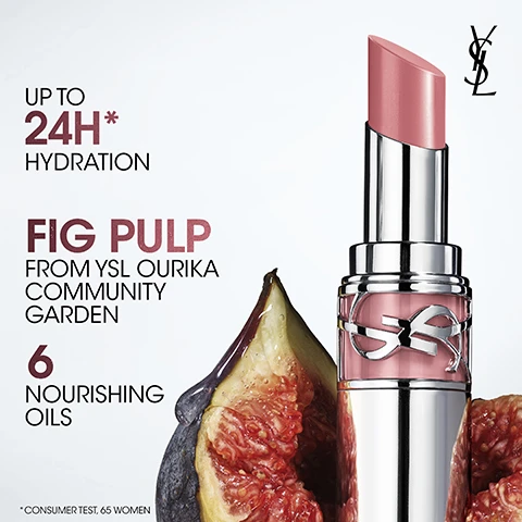 Image 1 - A stylish lipstick tube with a soft pink shade next to a fig fruit, featuring text that reads UP TO 24H* HYDRATION, FIG PULP FROM YSL OURIKA COMMUNITY GARDEN, and 6 NOURISHING OILS.
Image 2 - A woman with long dark hair is applying lipstick while sitting in water, wearing a black leather jacket and gold bracelets, with a lipstick product and the text YSL LOVESHINE and Yves Saint Laurent displayed below her, alongside the words NEW HIGH SHINE LIPSTICK.
Image 3 - An image showcasing YSL Love Shine lip products, featuring swatches on lips, with three types displayed: tinted butter balm, high shine lipstick, and lip gloss stick; it includes text labeling the products textures, shine, and color coverage with corresponding icons.