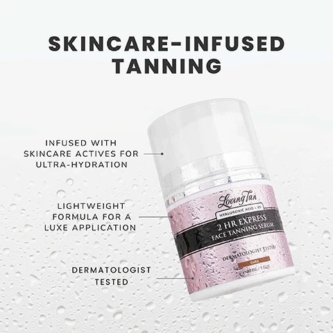 Image 1 - A product bottle labeled 2 HR EXPRESS FACE TANNING SERUM is shown, surrounded by water droplets, with text stating SKINCARE-INFUSED TANNING, INFUSED WITH SKINCARE ACTIVES FOR ULTRA-HYDRATION, LIGHTWEIGHT FORMULA FOR A LUXE APPLICATION, and DERMATOLOGIST TESTED.
Image 2 - Image of a tanning serum bottle with a light pink label, text includes Expertly blended for a luxe tanning experience, Ultra-hydrating hyaluronic acid, nourishing B5 and soothing chamomile-extract, 100% Ecocert naturally derived DHA, and 2 HR express tanning technology, with the product name Loving Tan 2 HR Express Face Tanning Serum.
Image 3 - Close-up image of a womans face showing a smooth complexion with glowing skin, accompanied by text that reads: FAST-ACTING RESULTS IN JUST 2 HOURS Rinse tinted colour guide off after 2 hours and see visible results. Your tan will continue to develop into a deeper, natural shade over the next 24 hours.