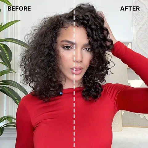 Image 1 - A split image shows a woman with dark curly hair looking at the camera, with the left side labeled BEFORE showing frizzy hair and the right side labeled AFTER showing defined, smooth curls. Image 2 - A woman with dark curly hair is shown in a split image, comparing her hair Before, which is less voluminous, to After, which is more voluminous.