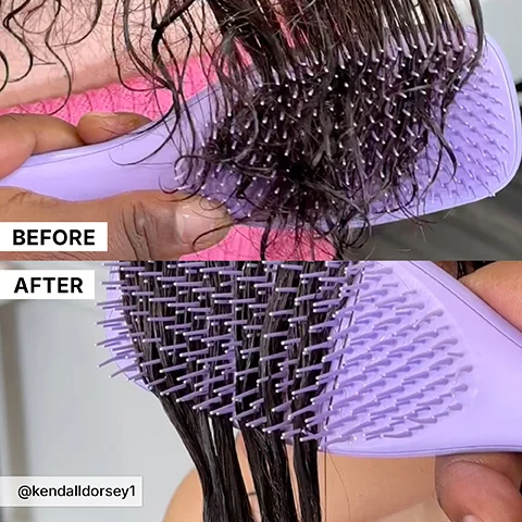 A split image shows a purple detangling brush on dark, wet hair, with the top half showing tangled hair before brushing and the bottom half showing detangled hair neatly separated by the brush, alongside the text BEFORE, AFTER, and @kendallorsey1.