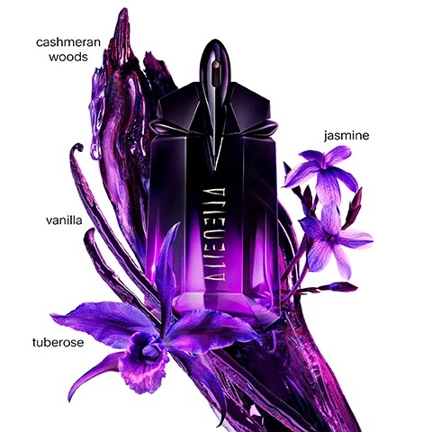 Image 1 - A purple perfume bottle is surrounded by vividly colored flowers and abstract paint splashes, with the words cashmeran woods, vanilla, jasmine, and tuberose displayed next to their corresponding floral illustrations.
Image 2 - A woman with dark skin and long hair poses against a vibrant purple background, showcasing two perfume bottles labeled Alien, with the text Mugler at the top and NEW above one of the bottles, along with the phrase The Refillable Fragrances.