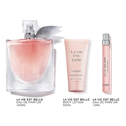Image 1 - A glass bottle of pink perfume with a silver bow is shown alongside a pink body lotion tube and a small pink perfume spray, with visible text reading La vie est belle, Lancôme, Eau de Parfum 100ml, La vie est belle Body Lotion 50ml, and La vie est belle Eau de Parfum 10ml.