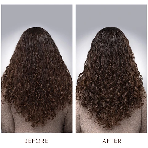 Image 1 - A woman with long, curly brown hair is shown from the back in two side-by-side images labeled Before on the left and After on the right, indicating a visible improvement in hair texture and definition.
Image 2 - Image shows several droplets of yellow oil on a light background with text that reads KEY INGREDIENTS, ARGAN OIL Rich in antioxidants, it hydrates and nourishes hair, and LINSEED EXTRACT Contains fatty acids to help improve the health of hair.