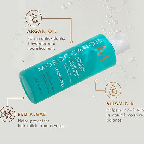 Image 1 - An aqua-colored bottle of Moroccan Oil Hydrating Shampoo is shown, surrounded by water droplets, with text describing the benefits of Argan Oil, Red Algae, and Vitamin E for hair care.
Image 2 - Image of a bottle of Moroccanoil Hydrating Conditioner partially submerged in water, with text highlights about its ingredients: Argan Oil, Vitamin E, and Red Algae, describing their benefits for hair. The visible text includes Moroccanoil, Hydrating Conditioner, and 8.5 FL OZ (250 ml).