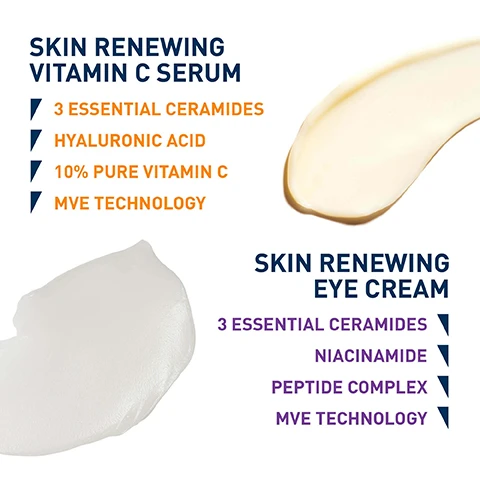 Image 1 - Image shows two skincare products labeled Skin Renewing Vitamin C Serum and Skin Renewing Eye Cream, with highlighted ingredients including 3 essential ceramides, hyaluronic acid, 10% pure vitamin C, MVE technology, niacinamide, and peptide complex.
Image 2 - An individual holds a tube of CeraVe Skin Renewing Vitamin C Serum against a purple background, with visible text highlighting product benefits including lightweight formula, brighter skin, and targeting signs of aging, along with a note that it is suitable for all skin types, even sensitive.
Image 3 - A hand holds a tube of CeraVe Skin Renewing Eye Cream against a purple background, with text highlighting its lightweight formula for morning and evening, targeting signs of aging, providing hydration for up to 24 hours, and stating it is suitable for all skin types, even sensitive skin and eyes.