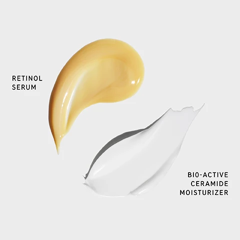 Image 1 - A yellow viscous serum is shown alongside a white cream, with text labeling the yellow product as Retinol Serum and the white product as Bio-Active Ceramide Moisturizer.
Image 2 - Two skincare products from The Inkey List on a light background: a tube labeled Retinol Serum for treating signs of aging and a jar labeled Bio-Active Ceramide Repairing and Plumping Moisturizer with descriptions for each product underneath.