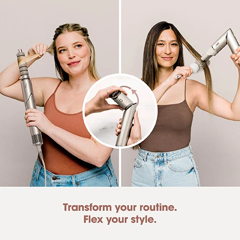 Image 1 - Two women demonstrate a styling tool; one is curling her hair with it while the other is straightening her hair, with instructional text that says Transform your routine. Flex your style.
Image 2 - A woman with blonde hair is smiling and holding a hair styling tool, set against a light gray background; the image features visible text that reads: 3 heat & airflow settings Lock in your style with the Cool Shot button and Cool Shot button.
Image 3 - A woman is using a hairdryer to style her hair while looking at it, with colorful air flow effects visible; text reads Style while you dry with no heat damage FlexStyle measures heat 1,000 times per second ensuring consistent air temperatures.
Image 4 - Four images of individuals showcasing hairstyling products: a woman with long, curly hair in a brown top; a woman with straight hair, smiling in a blazer; a person with short, blond hair and a T-shirt, smiling while holding their hair; and a woman with shoulder-length hair in a ruffled top, all accompanied by icons indicating styling attachments, with the text: Perfect for Straight & Wavy Hair Curl, Straighten, Volumise & Smooth with 4 styling attachments.
Image 5 - A woman with light brown hair is using an oval brush styling tool, showing different angles of her hair in three images; visible text includes Oval Brush and features about the product.
Image 6 - A woman with long, straight hair is using a styling tool on her hair, demonstrating two techniques; the image includes the text Styling Concentrator Effortlessly dry & smooth your hair at the same time Best for straight, wavy, curly & coily hair.
Image 7 - A woman with long hair styled in soft curls is demonstrating how to use an auto-wrap curler, accompanied by close-up images of the curler and text that reads Auto-Wrap Curlers Coanda Technology automatically wraps, curls & sets for hassle-free curls in seconds.
Image 8 - A woman with long, straight hair wears an orange tank top and holds a paddle brush in one image while showing a sleek, styled look in another; the images include text that reads Paddle Brush, Straighten while you dry for sleek, smooth styles, Best for straight, wavy, curly & coily hair, Combination of boar and nylon bristles.
Image 9 - Image shows a variety of hair styling tools including a FlexStyle attachment, two Auto-Wrap curlers, a paddle brush, and an oval brush, along with the accompanying text listing the contents: Whats in the box: FlexStyle, Auto-Wrap Curlers, Paddle Brush, Oval Brush & Styling Concentrator.
Image 10 - Five women with diverse hairstyles and expressions are featured in a collage, with the image containing the text Any hair type. Any skill set. For all Hairkind™.