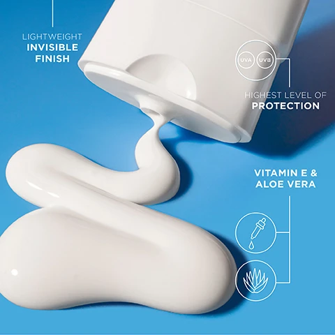 Image 1 - A white lotion is being squeezed from a tube onto a blue surface, with text indicating lightweight invisible finish, highest level of protection, vitamin E and aloe vera, and icons for UVA and UVB protection.
Image 2 - A person holding a bottle of Bondi Sands Daily Moisturising Face SPF 50+ lotion, with text reviews about the product displayed in the background.