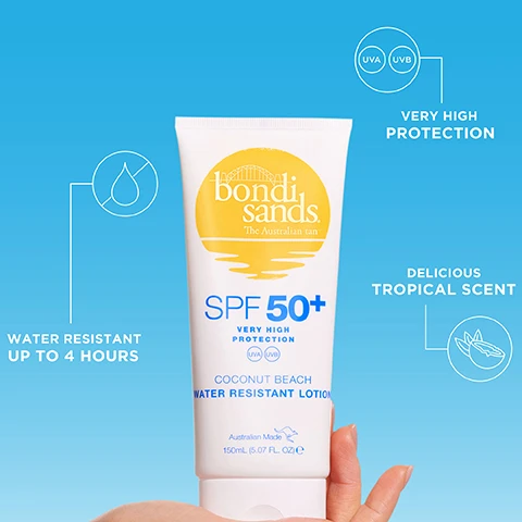 Image 1 - A hand holds a white tube of Bondi Sands SPF 50+ Coconut Beach Water Resistant Lotion, which features text reading Bondi Sands The Australian tan SPF 50+ VERY HIGH PROTECTION UVA UVB COCONUT BEACH WATER RESISTANT LOTION Australian Made 150mL (5.07 FL. OZ)e, and is accompanied by callouts stating VERY HIGH PROTECTION, DELICIOUS TROPICAL SCENT, and WATER RESISTANT UP TO 4 HOURS. Image 2 - A smiling woman wearing sunglasses is on a sunny beach, applying a streak of white sunscreen from a white tube of Bondi Sands SPF 50+ Coconut Beach Water Resistant Lotion to her arm, with the product label showing bondi sands The Australian tan SPF 50+ VERY HIGH PROTECTION (UVA) (UVB) COCONUT BEACH WATER RESISTANT LOTION Australian Made 150mL (5.07 FL. OZ) e, and two customer testimonials overlaid, one from Aisha rated 5.0 stating Best SPF I have used. Absorbs so quickly and smells delicious. Used everyday when I was in Dubai and it was perfect!, and another from Karamjit rated 5.0 stating I love everything about this body sunscreen, the texture and especially the smell...its summer in a tube. My favourite body sunscreen ever.