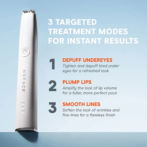 Image 1 - A NuFACE device is shown against a light blue background with text that reads 3 TARGETED TREATMENT MODES FOR INSTANT RESULTS, followed by descriptions for each mode: 1 DEPUFF UNDER EYES, 2 PLUMP LIPS, 3 SMOOTH LINES.
Image 2 - The image shows a comparison of an eye area before and immediately after treatment, with the top half labeled Before and the bottom half labeled Immediately After, featuring smooth skin with fewer fine lines; visible text states RESULTS IN 3 MINUTES, 97% Saw an instant reduction in fine lines around the eyes, and FDA-Cleared Safe Effective.
Image 3 - Image shows a close-up of a persons lips, with a comparison of before and immediately after using a product, showing fuller lips. Text on the right side states RESULTS IN 3 MINUTES and 92% Saw instantly plumper-looking lips* with a seal indicating FDA-CLEARED SAFE & EFFECTIVE.
Image 4 - An instructional image showing three steps for using a skincare device, with a close-up of a womans face applying a product, and text sections labeled PREP, ACTIVATE, and FIX, describing the respective steps of cleansing, applying serum, and selecting treatment modes.
Image 5 - Image shows a comparison chart for NuFACE devices including the MINI, TRINITY, and FIX MicroWand, featuring treatment benefits like skin smoothing and muscle sculpting, with check marks indicating features for each device, and includes visible text listing microcurrent treatment areas such as depuff under eyes and smile lines.
Image 6 - A smartphone displays the NuFACE Smart App interface, featuring images and descriptions of facial lift tutorials, including options for 15-minute and 5-minute treatments, along with a reminder feature for treatments. Visible text includes SMART APP, FOLLOW STEP-BY-STEP TUTORIALS, TRACK PROGRESS, CUSTOMIZE RESULTS WITH APP-EXCLUSIVE TREATMENTS, and SET TREATMENT REMINDERS.