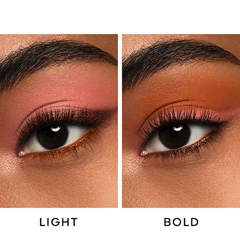 Image shows two close-up shots of an eye with different makeup styles: the left side features a light pink and peach look labeled LIGHT, while the right side presents a bold orange and pink look labeled BOLD.