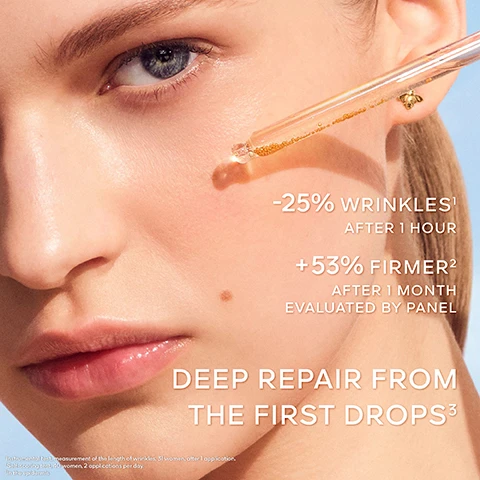 Image 1 - A close-up of a young womans face showing clear skin and a dropper with a liquid near her cheek, accompanied by text that reads -25% WRINKLES1 AFTER 1 HOUR +53% FIRMER2 AFTER 1 MONTH EVALUATED BY PANEL DEEP REPAIR FROM THE FIRST DROPS3.
Image 2 - Side-by-side images showing a womans skin before and after 7 days of treatment, with visible improvements in texture, and a mans skin before and after 7 days of treatment, also showing visible improvements; text in the images includes BEFORE and AFTER 7 DAYS.
Image 3 - An abstract image featuring a golden honeycomb with a bee in the center, accompanied by the text: Abeille Royale 15 years of research 9 patents - 9 publications 3 black bee honeys selected from 300 honey samples analyzed NEW PATENT FILED.
Image 4 - A bottle of golden serum labeled Abeille Royale featuring the text SÉRUM HUILE-EN-EAU JEUNESSE and YOUTH WATERY OIL SERUM, surrounded by a honeycomb pattern and bubbles, with the phrase PROVEN DEEP DIFFUSION TEXTURE at the bottom.
Image 5 - Image shows a selection of four skincare products from the Abeille Royale line by Guerlain, arranged alongside a glass beaker and a golden liquid, with visible text outlining a four-step routine: 1. Prepare Fortifying Lotion, 2. Activate Youth Watery Oil Serum, 3. Target Double R Advanced Serum, 4. Treat Honey Treatment Creams.
Image 6 - The image shows two sleek golden serum bottles labeled Abeille Royale and a glass container with a golden liquid, highlighting the products benefits for youth repair and anti-aging effects, with visible text stating YOUTH REPAIR WRINKLES, PLUMP, RADIANCE and DOUBLE ANTI-AGEING CORRECTION PEELING & LIFTING EFFECTS.
Image 7 - A person in a beekeeping suit walks on a rocky coastline surrounded by flowers, with a beehive nearby and the text reading Since 2011, Guerlain has been a patron of the Association of the Ouessant Island Brittany Black Bee Conservatory (ACANB), supporting bee protection and scientific research.