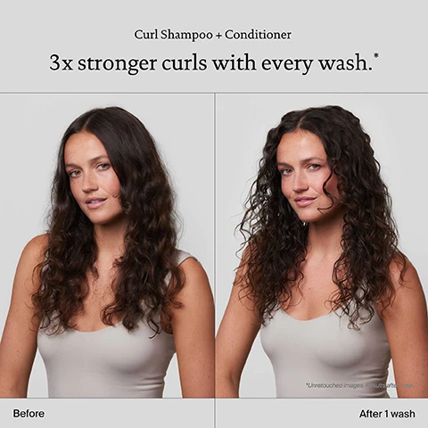 Image 3 - A split image shows a woman with large, undefined brown curly hair on the left labeled Before, and the same woman with tighter, more defined brown curls on the right labeled After 1 wash, alongside the text Curl Shampoo + Conditioner 3x stronger curls with every wash.* and *Unretouched images. Results after 1 use. Image 4 - A split image displays a woman with long dark curly hair, on the left her hair appears less defined labeled Before, and on the right her hair shows significantly more defined curls labeled After 1 wash, with visible text reading Curl Shampoo + Conditioner 3x stronger curls with every wash. and small text *Unretouched images. Results after 1 use. Image 5 - A coral-colored bottle of Living proof curl conditioner, labeled for waves, curls & coils, pour tous les types de boucles, sulfate-free conditioner, après-shampooing, sans sulfates, 236 mL e 8.0 FL OZ US, is shown on a blue background with foam and bubbles, next to three blue boxes stating product benefits: DELIVERS 3X STRONGER CURLS IN JUST 1 WASH*, HYDRATES + IMPROVES CURL DEFINITION, and HEALTHIER LOOKING CURLS WITH EVERY WASH. Image 6 - A blue-toned image with water droplets and bubbles displays a comparison chart titled Sili-CLONE™ HairTech vs Silicone, listing attributes: for Sili-CLONE™ HairTech, HAIR ACTUALLY BECOMES HEALTHIER + KEEPS HAIR CLEANER + HEALTHIER, LONGER + PROMOTES LONGEVITY OF HAIR HEALTH; and for Silicone, HAIR APPEARS HEALTHY, DAMAGE IS MASKED + MAKES HAIR DIRTIER, FASTER + CAN LEAD TO CHRONIC DAMAGE. Image 7 - A white bottle covered in water droplets with overlaid dashed design lines is shown against a blue-gray background, along with the text Bottles are ready for recycling. Made of 50% post-consumer recycled (PCR) materials. Image 8 - A blue background with iridescent bubbles on the right features the text Sil-CLONE™ HairTech Feels like silicone, scientifically proven to unlock healthier hair.