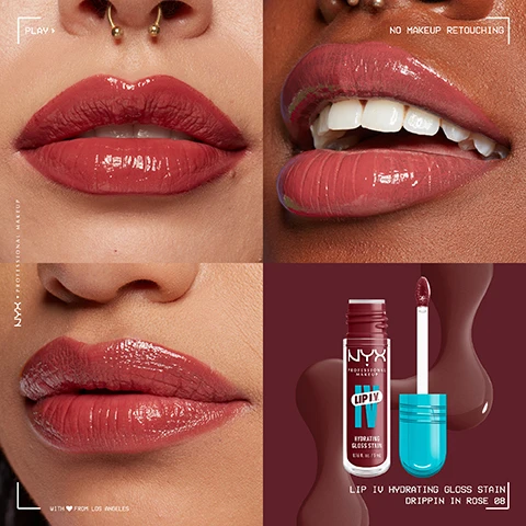 Image 1 - The image showcases four close-up views of lips with different lip products applied, featuring shades of reddish lip gloss; the visible text includes NYX PROFESSIONAL MAKEUP, NO MAKEUP RETOUCHING, and LIP IV HYDRATING GLOSS STAIN DRIPPIN IN ROSE 08.
Image 2 - Image shows a tube of NYX Hydrating Gloss Stain with a clear applicator wand against a turquoise background, featuring text that reads WETTER IS BETTER!, HYDRATING WET SHINE + LASTING STAIN, INSTANT VITAMIN LIP COLOR, and a badge stating UP TO 12H WET HYDRATION.
Image 3 - Close-up of a persons smiling lips, with the top half showcasing glossy lip color labeled SHINE and the bottom half displaying a matte finish labeled STAIN; visible text includes NO MAKEUP RETOUCHING and LIP IV HYDRATING GLOSS STAIN DRIPPIN IN ROSE 08.
Image 4 - An image of a coconut half with a lip gloss product from NYX Professional Makeup prominently displayed, surrounded by water splashes on a pink background, with text that reads LIP IV WITH INSTANT VITAMINS and lists MAGNESIUM, VITAMIN B12, and COCONUT WATER.
Image 5 - A person with braided hair is applying a dark lip product with a blue applicator, and the image includes a graphic featuring a drip-shaped applicator along with the text DRIP-SHAPED APPLICATOR FOR DOSED, PRECISE AND SMOOTH APPLICATION.
Image 6 - Image shows three arms with swatches of various lip gloss shades on their forearms against a turquoise background, with the left arm featuring lighter shades and the right arm featuring darker shades; visible text includes the product name NYX PROFESSIONAL MAKEUP and the list of shades numbered 01 to 16.
Image 7 - A smiling young woman with dark hair and pink eye makeup holds a clear lip gloss tube labeled NYX Lip IV Hydrating Gloss Stain Drippin in Rose 08, against a pastel blue background, with the text NO MAKEUP RETOUCHING visible.
Image 8 - A woman with dark curly hair poses with a glossy, deep burgundy lip color while holding a bottle of NYX Lip I.V. Hydrating Gloss Stain in Espresso Soak 06 against a bright blue background; the image features the text NO MAKEUP RETOUCHING in the upper right corner.
Image 9 - A hand with long pink nails holds a NYX Professional Makeup Lip IY Hydrating Gloss Stain in a clear container with a teal cap, against a blue background, featuring arrows pointing to the products dimensions labeled Width, Volume, and Height, along with accompanying text showing the measurements 20 mm, 0.13 fl oz and 85.2 mm.