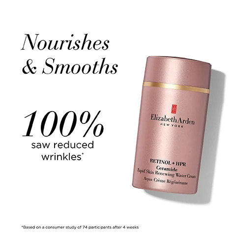 Image 1 - A pink skincare product bottle is displayed against a white background with the text that reads Nourishes & Smooths 100% saw reduced wrinkles* RETINOL + HPR Ceramide Rapid Skin Renewing Water Cream Aqua-Crème Régénérante, with a small note indicating *Based on a consumer study of 74 participants after 4 weeks.
Image 2 - A transparent container filled with pink, pearl-like capsules, alongside text stating Smooths Lines & Wrinkles, 95% saw reduced wrinkles, and a note about a consumer study.
Image 3 - An arrangement of four pink capsule-shaped serum containers is shown, with the text Capsule Advantage above and bullet points listing benefits: Single-dose serum, Biodegradable, Free from added fragrance, and Sealed to protect from light & air to protect potency.
Image 4 - Image of a pink tube of Elizabeth Arden Retinol Ceramide Line Erasing Eye Cream, with the text Brightens & De-Puffs, 98% saw an overall improvement in eye area*, and a note about a consumer study at the bottom.
Image 5 - Image shows three skincare products from Elizabeth Arden: a pink tube labeled Retinol Ceramide Line Erasing Eye Cream, a clear container holding pink capsules labeled Ceramide Capsules, and a pink jar labeled Retinol + HPR Ceramide Rapid Skin Renewing Water Cream, with the title Retinol Night Regimen and steps indicating the functions of each product: Step 1 Brightens & de-puffs, Step 2 Smooths lines & wrinkles, Step 3 Nourishes & smooths.