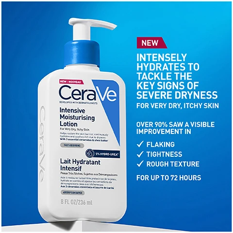 Image 1 - A bottle of CeraVe Intensive Moisturising Lotion with a blue pump on a blue background, featuring the text NEW INTENSELY HYDRATES TO TACKLE THE KEY SIGNS OF SEVERE DRYNESS FOR VERY DRY, ITCHY SKIN and OVER 90% SAW A VISIBLE IMPROVEMENT IN FLAKING TIGHTNESS ROUGH TEXTURE FOR UP TO 72 HOURS.
Image 2 - A smooth, white cream blob is illustrated on a surface, accompanied by three circular icons; the text includes Hydro-Urea Boost, 3 Essential Ceramides, and MVE Delivery Technology, with an additional message that reads Rich Texture with Hydro Urea™, delivers fast acting and long-lasting hydration.
Image 3 - A comparison image showing two arms side by side, labeled Before and After, with text indicating 92% felt an immediate improvement in hydration after one use and a note stating Self assessment, 89 subjects.
Image 4 - Two women are pictured from the shoulders up with white lotion applied to their skin, and the text on the image reads Intensive Moisturising Lotion Suitable for All Skin Types and Tones.
Image 5 - A person wearing a white lab coat holds a bottle of Cerave Intensive Moisturising Lotion in front of a blue background, with the text developed with dermatologists displayed below.
Image 6 - A circular badge with a blue background features a glowing check mark and the text Brand Recommended by Dermatologists.