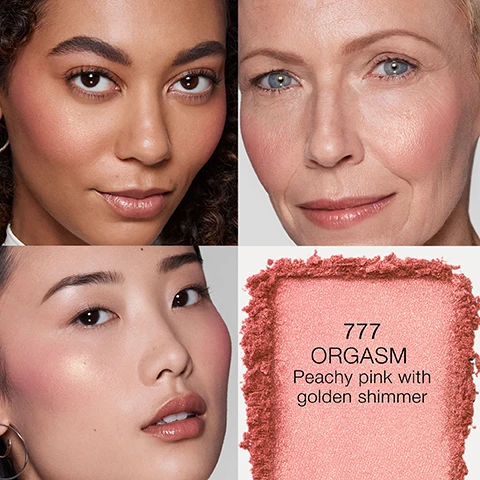 Image 1 - Image shows three women with varying skin tones and different makeup styles, each showcasing a rosy blush on their cheeks, along with a close-up of a makeup product displayed in the bottom corner that reads 777 ORGASM Peachy pink with golden shimmer.
Image 2 - A close-up image of two women showcasing a blush product named Deep Throat, with the left side featuring an older woman smiling and the right side showing a younger woman with a neutral expression, both displaying soft pink blush on their cheeks; the visible text reads 237 DEEP THROAT Soft pink with golden sheen.
Image 3 - Three arms with swatches of makeup on the forearms show two shades each on a light skin tone, a medium skin tone, and a dark skin tone, labeled ORGASM and DEEP THROAT beside the swatches.
Image 4 - Two swatches of blush are shown, with the top swatch labeled ORGASM in a light peach hue and the bottom swatch labeled DEEP THROAT in a deeper pink tone.
Image 5 - A person with curly hair holds a NARS blush compact in front of their face, displaying a peach blush shade, with the text 777 ORGASM visible in the bottom right corner.