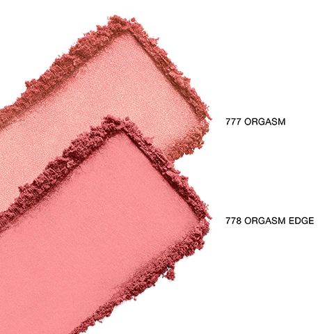 Image 1 - Two rectangular blush pans display shades of pink, with the top labeled 777 ORGASM and the bottom labeled 778 ORGASM EDGE.
Image 2 - Three arms of different skin tones displaying swatches of two lip colors labeled 777 ORGASM and 778 ORGASM EDGE.
Image 3 - An image showing two sizes of NARS blush compacts, with a mini compact on the left and a full-size compact on the right, alongside a swatch of pink blush powder, with visible text stating MINI above the mini compact and FULL-SIZE above the full-size compact.