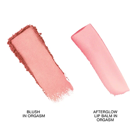 Image 1 - A swatch of pink blush on the left labeled Blush in Orgasm and a swatch of light pink lip balm on the right labeled Afterglow Lip Balm in Orgasm.
Image 2 - Three arms of different skin tones are displayed, each showcasing swatches of a blush and a lip balm, with labels on the left reading ORGASM BLUSH and ORGASM AFTERGLOW LIP BALM.