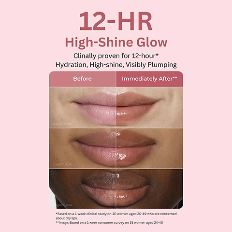 Image 1 - A grid image shows three pairs of lips, each with a before and after comparison of applying a glossy lip product; the left side of each pair shows unglossed lips, while the right side shows them with a shiny, plumped appearance, with the text: 12-HR High-Shine Glow Clinically proven for 12-hour* Hydration, High-shine, Visibly Plumping Before Immediately After** Sugar Glaze Sugar Glaze Sugar Glaze *Based on a 1-week clinical study on 30 women aged 20-49 who are concerned about dry lips. **Image: Based on a 1 week consumer survey on 35 women aged 24-40. Image 2 - The image displays a graphic titled Key Ingredients, detailing three components: Polypeptides, with an image of clear liquid drops and bubbles, described as High-Efficacy Peptides for Lip Firmness; Pomegranate Seed Oil, with an image of red pomegranate seeds, described as Rich in Antioxidants; and Argan Ceramides, with an image of two argan fruits on a branch, described as Reinforce skins moisture barrier, nourish, and soften lips prone to dryness. Image 3 - The image displays six glossy swatches of makeup shades in various brown, pink, and purple tones, with accompanying text that reads 6 Donut-Inspired Shades and Flavors, Each shade features a unique scent, Sugar Glaze, Strawberry Sprinkles, Peach Glaze, Chocolate Frosting, Cinnamon Sugar, and Blueberry Jelly. Image 4 - A diagonal stack of seven different colored tubes of Laneige Glaze Craze Tinted Lip Serum, ranging from dark berry to light peach, set against a solid pink background, with visible text IRRESISTIBLE GLAZED LIPS SERUM-INFUSED COLOR AND SHINE, and on the tubes LANEIGE GLAZE CRAZE TINTED LIP SERUM GLACAGE GOURMAND POUR LES LEVRES with specific flavors BLUEBERRY JELLY GELEE MYRTILLE, STRAWBERRY SPRINKLES FRAISE CONFISERIE, CINNAMON SUGAR SUCRE CANNELLE, SUGAR GLAZE SUCRE GLACAGE, PEACH GLAZE PECHE GLACAGE, CHOCOLATE FROSTING GLACAGE CHOCOLAT, followed by LANEIGE GLAZE CRAZE TINTED LIP SERUM at the bottom of the image.