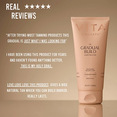 Image 1 - An image of a tube of Vita Liberatas Gradual Build luxury tan lotion, with the words REAL REVIEWS and customer testimonials about the products effectiveness and lasting results in a light brown background. The visible text includes: AFTER TRYING MOST TANNING PRODUCTS THIS GRADUAL IS JUST WHAT I WAS LOOKING FOR I HAVE BEEN USING THIS PRODUCT FOR YEARS AND HAVENT FOUND ANYTHING BETTER, THIS IS MY HOLY GRAIL. LOVE LOVE LOVE THIS PRODUCT. GIVES A NICE NATURAL TAN WHICH YOU CAN BUILD DARKER. REALLY LASTS.
Image 2 - A smooth, creamy background illustrates various skincare ingredients, including hyaluronic acid, 100% natural DHA, pomegranate extract, and organic aloe vera, with corresponding descriptions of their benefits.
Image 3 - An image split into two parts showing a woman in brown lingerie; the left side labeled BEFORE shows her with a natural body shape, and the right side labeled AFTER shows a similarly posed image with slight differences in appearance.
Image 4 - A woman is wearing a brown bra and has visible freckles on her stomach, with text next to her listing benefits: Gradually build over days, No transfer risk, Ultra hydrating, Natural even colour for all skin tones.
Image 5 - A person in a brown bikini top holds a tube of Vita Liberata Gradual Build lotion while instructions on how to use it are displayed alongside, detailing four steps for application.