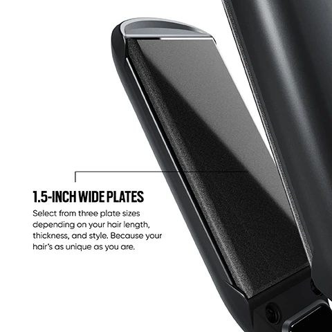 Image 1 - A close-up image of a hair styling tool with 1.5-inch wide plates and visible text that reads 1.5-INCH WIDE PLATES Select from three plate sizes depending on your hair length, thickness, and style. Because your hairs as unique as you are.
Image 2 - A close-up image of a hair styling tool control panel displaying the words REVIVE, an upward arrow, a downward arrow, and the number 200, with a label for REVIVE MODE stating that it allows plates to vibrate at the optimal frequency, feeding hair between minimum friction and reduced direct heat contact for maximum shine.
Image 3 - A close-up of a hair styling tool showing two temperature control buttons, one blue and one red, and a label that reads VARIABLE TEMPERATURE CONTROL with text that explains the features of the Airshot.