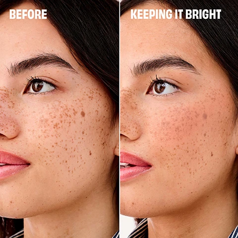 Image 1 - A split image shows a womans face with freckles, with the left side labeled BEFORE showing a natural complexion and the right side labeled KEEPING IT BRIGHT showing a brighter, more radiant complexion. Image 2 - Two peach-colored makeup compacts, one closed and one open revealing a mirror and pressed powder, are shown with the text Freshwater Pearl and Synthetic Sapphire gives a luminous, light-reflecting glow, and help skin look smooth and radiant, along with the brand Benefit, product name Blossy, and weight 6g Net Wt. 0.21oz.