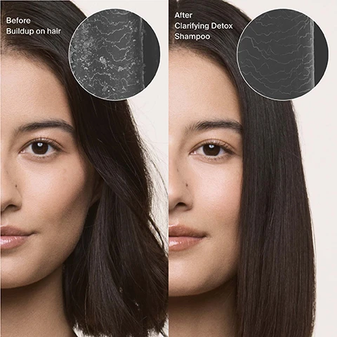 Image 1 - A side-by-side comparison of a womans hair before and after using clarifying detox shampoo, showing a close-up of hair buildup on the left labeled Before Buildup on hair and a cleaner, smoother hair texture on the right labeled After Clarifying Detox Shampoo.
Image 2 - Image showing a woman with curly hair, split into two sections: the left side labeled Before shows hair with buildup, while the right side labeled After highlights the result after using Clarifying Detox Shampoo.
Image 3 - A person is holding a bottle of Living Proof clarifying detox shampoo with water splashing around it, and the text reads Removes 97% of product buildup with one wash*.
Image 4 - A person with long, wavy hair is washing their hair in a shower, with visible text stating Weekly reset for all hair types and Pair with a conditioner or a masK.
Image 5 - A bottle of Living Proof clarifying detox shampoo is displayed at the center, surrounded by icons and brief descriptions highlighting its features: magnetic polymer, activated charcoal, naturally derived chelating agent, and gentle surfactant blend.
Image 6 - A bottle of Living Proof clarifying detox shampoo is placed on a reflective tray, surrounded by various rocks and a small faucet, with text highlighting benefits: non-stripping, improves color vibrancy, and color safe.