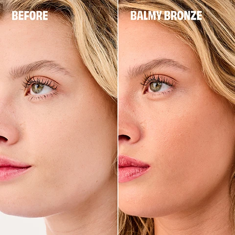 Image 1 - A split image shows a womans face from the side; the left side labeled BEFORE has a natural skin tone with visible freckles, while the right side labeled BALMY BRONZE shows a bronzed complexion without imperfections.
Image 2 - A woman with curly hair and a headband applies makeup with a pink brush to her cheek, with the text Hoola Wave, Creamy, blendable balm, Sun-kissed natural finish, 12-hour longwear* & waterproof visible on the image.
Image 3 - A close-up of a woman with freckles applying makeup with a brush on her cheek, surrounded by a pink floral background, with visible text reading GET IT ON, Apply Hoola Wave on cheeks, forehead, nose, jawline, or all over face. Build and blend as desired.