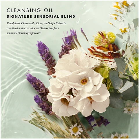 Image 1 - A composition of flowers and plants in rippling water with the text CLEANSING OIL SIGNATURE SENSORIAL BLEND Eucalyptus, Chamomile, Clove, and Hops Extracts combined with Lavender and Geranium for a sensorial cleansing experience.
Image 2 - Close up of a white bottle with a gold neck and white pump dispenser, with liquid dripping from the spout and down the side of the bottle, with text EVE LOM CLEANSING OIL 95% Feel their skin barrier is supported and non-stripped. 92% Confirm this effectively removed makeup, including waterproof, SPF & impurities. 91% Agree their skin feels deeply cleansed. 91% Skin immediately felt soft after use.
Image 3 - A hand pumps cleansing oil from an EVE LOM bottle into the palm of another hand showing CLEANSING OIL HOW TO USE: EVE LOM CLEANSING OIL HUILE DE DEMAQUILLAGE Dispense 2-3 pumps into hand and massage into skin.