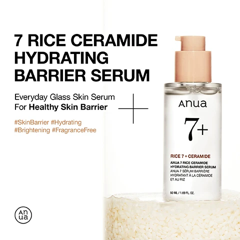 Image 1 - A bottle of Anua 7 Rice Ceramide Hydrating Barrier Serum is displayed on a bed of rice, with text that reads 7 RICE CERAMIDE HYDRATING BARRIER SERUM Everyday Glass Skin Serum For Healthy Skin Barrier and includes hashtags #SkinBarrier #Hydrating #Brightening #FragranceFree.
Image 2 - Image of a skincare serum bottle with a light-colored cap, labeled Everyday Brightening & Moisturizing Serum for Normal Skin Types, featuring text highlighting its benefits: Brightens uneven skin tone, soothes and hydrates the skin, and helps enhance the skin barrier, along with Anua 7+ Rice 7 + Ceramide.
Image 3 - Image shows a skincare product description featuring gentle ingredients: Rice, Niacinamide, and Ceramides; with text about Anua Ricera, Niacinamide, Arbutin, Zinc, Panthenol, Hyaluronic Acid, Honey Extract, and Glycerin benefits.
Image 4 - A close-up image of a persons face displaying healthy skin with a glowing finish, accompanied by text that states Clinically Proven Results 100% Satisfied with the texture of the formulation 100% Experienced satisfaction with the soothing effect 100% Satisfied with the moisturizing effect.
Image 5 - The image illustrates a chart showing skin barrier improvement with text stating Clinically Proven To Improve The Skin Barrier! and Skin Barrier Improvement, alongside metrics indicating an improvement of 45.4% before use, after 2 weeks, and 63.9% after 4 weeks, with a note about the results of a clinical trial.
Image 6 - An image of a skincare product bottle with a pump dispenser next to text instructions that explain when to apply the serum, including steps for usage, application amount, and frequency of use. The visible text states: When To Apply Use after cleansing and toning, up to twice daily. Always finish with sunscreen for daytime. Smooth 2-3 pumps all over the skin. A little goes a long way. Can be used every day, AM & PM.