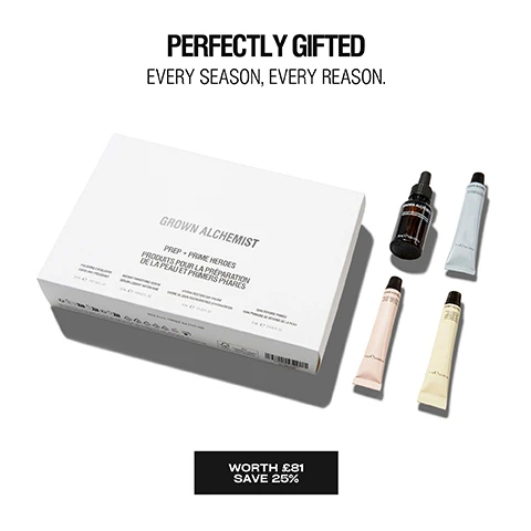 Image 1 - A white box set labeled Grown Alchemist Prep + Prime Heroes is displayed alongside a dropper bottle and three tubes of product, with the text PERFECTLY GIFTED EVERY SEASON, EVERY REASON. and WORTH £81 SAVE 25%. Image 2 - Four skincare products, a silver tube, brown dropper bottle, light yellow tube, and light pink tube, are displayed with text labels Prep + Prime Heroes, Polishing Exfoliator Gentle effective daily exfoliation, Instant Smoothing Serum Smooths dehydration lines, Hydra-Restore Day Cream Visibly smooths skin tone texture, and Skin Defense Primer Instantly blurs pores. Image 3 - Close-up of a woman with wet hair and a serum dropper applying liquid to her skin, with the text INSTANT SMOOTHING SERUM 96% Agreed skin looks hydrated 95% Agreed smooths dehydration lines 95% Agreed skin looks radiant Independent User Trial 2022. Results based on 120 over 4 weeks. Image 4 - Close-up of a person applying cream to their cheek with text HYDRA-RESTORE DAY CREAM 100% Agreed skin feels nourished 99% Agreed restores hydration 98% Agreed absorbs quickly and *Independent User Trial 2022. Results based on 120 over 4 weeks. Image 5 - A close-up shows a persons face with a hand touching the cheek, and text is visible that reads SKIN DEFENSE PRIMER 93% Agreed leaves skin feeling smooth 92% Agreed perfect makeup base 85% Agreed instant mattifying *Independent User Trial 2022. Results based on 107 over 4 weeks. Image 6 - A person with wet hair and visible hand tattoos applies a white product to their cheek with text overlay reading POLISHING EXFOLIATOR 100% Agreed skin feels smooth 97% Agreed skin feels instantly soft 95% Agreed skin looks radiant *Independent User Trial 2023 Results based on 111 over 4 weeks.