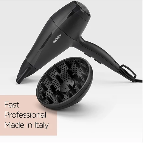 Image 1 - A black hairdryer with a diffuser attachment is shown, accompanied by the text Fast Professional Made in Italy.
Image 2 - A close-up image of a black hair dryer nozzle with a text overlay that reads Fast drying 95km/h air speed.
Image 3 - A black hairdryer with buttons for three heat settings and two speed options, featuring text that says 3 heats / 2 speeds.
Image 4 - A close-up of a large black hair diffuser attachment with multiple holes on the surface, accompanied by the text Large diffuser in a light peach box at the bottom.
Image 5 - Close-up view of a slim nozzle attached to a black hairdryer; visible text reads Slim nozzle.
Image 6 - A black hairdryer is shown, with a prominent grid-patterned nozzle, along with the text 2000W displayed in the bottom right corner.