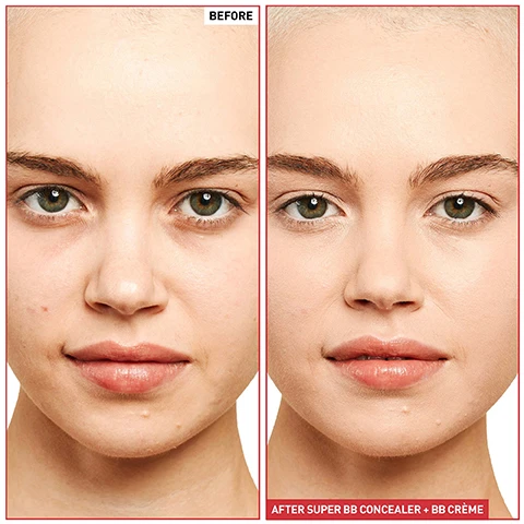 Image 1 - A side-by-side comparison of a young womans face showing the left side labeled BEFORE with visible skin imperfections and the right side labeled AFTER SUPER BB CONCEALER + BB CRÈME with a smoother complexion.
Image 2 - Image shows a tube of Erborian Super BB Concealer with various ingredients displayed around it, including niacinamide, white ginseng, escine, and fermented white ginseng flower, with visible text detailing their benefits and SPF 25.