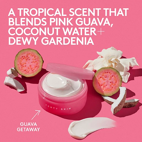 Image 1 - Image of a pink jar labeled FENTY SKIN with a creamy product inside, surrounded by a sliced pink guava, coconut pieces, and a white flower on a bright pink background, featuring the text A TROPICAL SCENT THAT BLENDS PINK GUAVA, COCONUT WATER + DEWY GARDENIA and GUAVA GETAWAY.
Image 2 - Image showing two side-by-side photos of a womans shoulder; the left side labeled BEFORE with dry skin appearance, and the right side labeled AFTER displaying hydrated, glistening skin, with the text INSTANTLY DOUBLES SKINS HYDRATION *IN A 4-WEEK CLINICAL STUDY ON 55 PEOPLE below.
Image 3 - Image showing a comparison of legs before and after treatment, with one leg appearing drier on the left labeled BEFORE and the other shinier and more moisturized on the right labeled AFTER, along with the text 98% AGREE IT DEEPLY HYDRATES *IN A 4-WEEK CLINICAL STUDY ON 55 PEOPLE at the bottom.