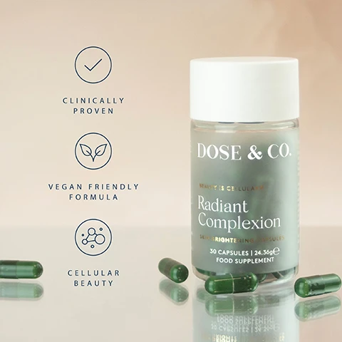 Image 1 - A bottle of Dose & Co Radiant Complexion Skin Brightening Capsules, 30 Capsules 24.36g Food Supplement, with text reading BEAUTY IS CELLULAR, is shown with several green capsules around it, alongside text reading CLINICALLY PROVEN, VEGAN FRIENDLY FORMULA, and CELLULAR BEAUTY. Image 2 - A bottle of Dose & Co. Radiant Complexion Skin Brightening Capsules has several green pills falling into it, next to text that reads SKIN BRIGHTENING* *based on an open-label clinical study with 25 women taking a daily dose of 150mg of Grape seed extract for 8 weeks. and the bottle text reads DOSE & CO. BEAUTY IS CELLULAR Radiant Complexion SKIN BRIGHTENING CAPSULES 30 CAPSULES | 24.36g FOOD SUPPLEMENT.