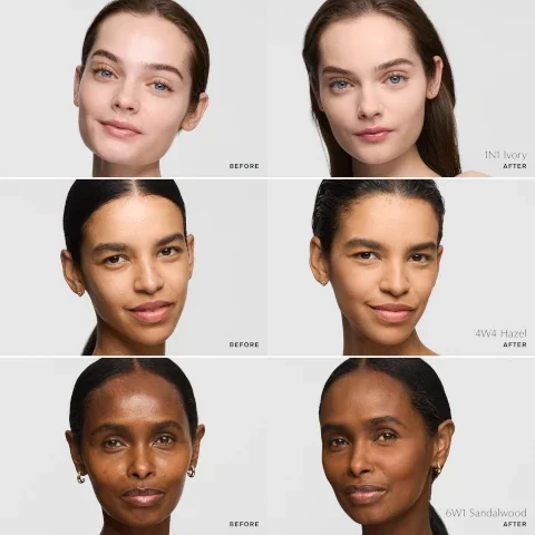 Three rows of split images showing before and after foundation on three different models with text overlays that say BEFORE, 1N1 Ivory AFTER, 4W4 Hazel AFTER, and 6W1 Sandalwood AFTER.