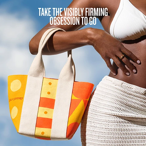 Image 1 - Person in beachwear holding a yellow and orange patterned tote bag with the text TAKE THE VISIBLY FIRMING OBSESSION TO GO. Image 2 - A person holds a colorful mini canvas tote bag with white straps against a blue sky background LIMITED EDITION MINI CANVAS TOTE BAG. Image 3 - Sol de Janeiro beauty products and a tote bag are arranged on a striped towel with the text UNPACK THE ROUTINE YOU CRAVE. Image 4 - Three Sol de Janeiro products, Brazilian Bum Bum Cream, Bum Bum Body Firmeza Oil, and Cheirosa 62 Fragrance Mist, are shown against a blue sky with text that reads DEEPLY NOURISH & DEPUFF, VISIBLY TIGHTEN & FIRM, SPRITZ ON A SUNNY SCENT, Full-size products shown. Set includes mini sizes. Image 5 - A spoon is filled with caramel, pistachios, almonds, vanilla bean, and salt flakes with the text ALL YOURS IN THE ICONIC SCENT OF CHEIROSA 62 and PISTACHIO SALTED CARAMEL VANILLA.