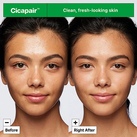 Image 1 - A split image showing a young woman with skin before and after treatment; the left side labeled Before shows visible blemishes, while the right side labeled Right After shows smoother, clearer skin; green text above reads Cicapair™ Clean, fresh-looking skin.
Image 2 - A smiling woman with a green tank top is playfully applying foamy cleanser to her face against a bright green background; visible text includes Removes: + Makeup + Impurities + Daily debris.
Image 3 - A bottle of Dr. Jart+ Cicapair Gentle Cleansing Foam is positioned against a green background with white foam in the foreground, featuring text that says + No sulfates + Non-stripping + Gentle on skin.