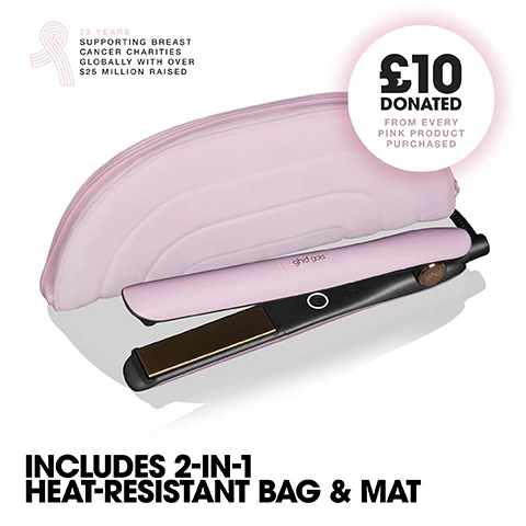 Image 1 - A pink ghd hair straightener and matching pink heat-resistant bag with text reading 22 YEARS SUPPORTING BREAST CANCER CHARITIES GLOBALLY WITH OVER £25 MILLION RAISED, £10 DONATED FROM EVERY PINK PRODUCT PURCHASED, and INCLUDES 2-IN-1 HEAT-RESISTANT BAG & MAT. Image 2 - A pink ghd gold hair straightener with open black plates is nestled in soft pink fabric. Visible text: ghd gold INSTANTLY SLEEKER, SMOOTHER HAIR. Image 3 - A pink hair straightener with ghd gold logo styles blonde hair, alongside text that reads STRAIGHTEN OR CURL DRY HAIR WITH NO HEAT DAMAGE. Image 4 - A person uses a pink hair straightener labeled ghd gold to style blonde hair, above the text PERFECT FOR SLEEK AND SMOOTH RESULTS. SUITABLE FOR ALL HAIR TYPES. Image 5 - Several pink GHD hair styling tools including straighteners, a hot brush, and a curling iron are displayed with the text NEW GHD LIMITED EDITION PINK COLLECTION. Image 6 - A pink ghd gold hair straightener and a gold ghd bodyguard heat protect spray are shown next to a pink bag with the text 01 GHD GOLD 02 GHD BODYGUARD POWER COUPLE.